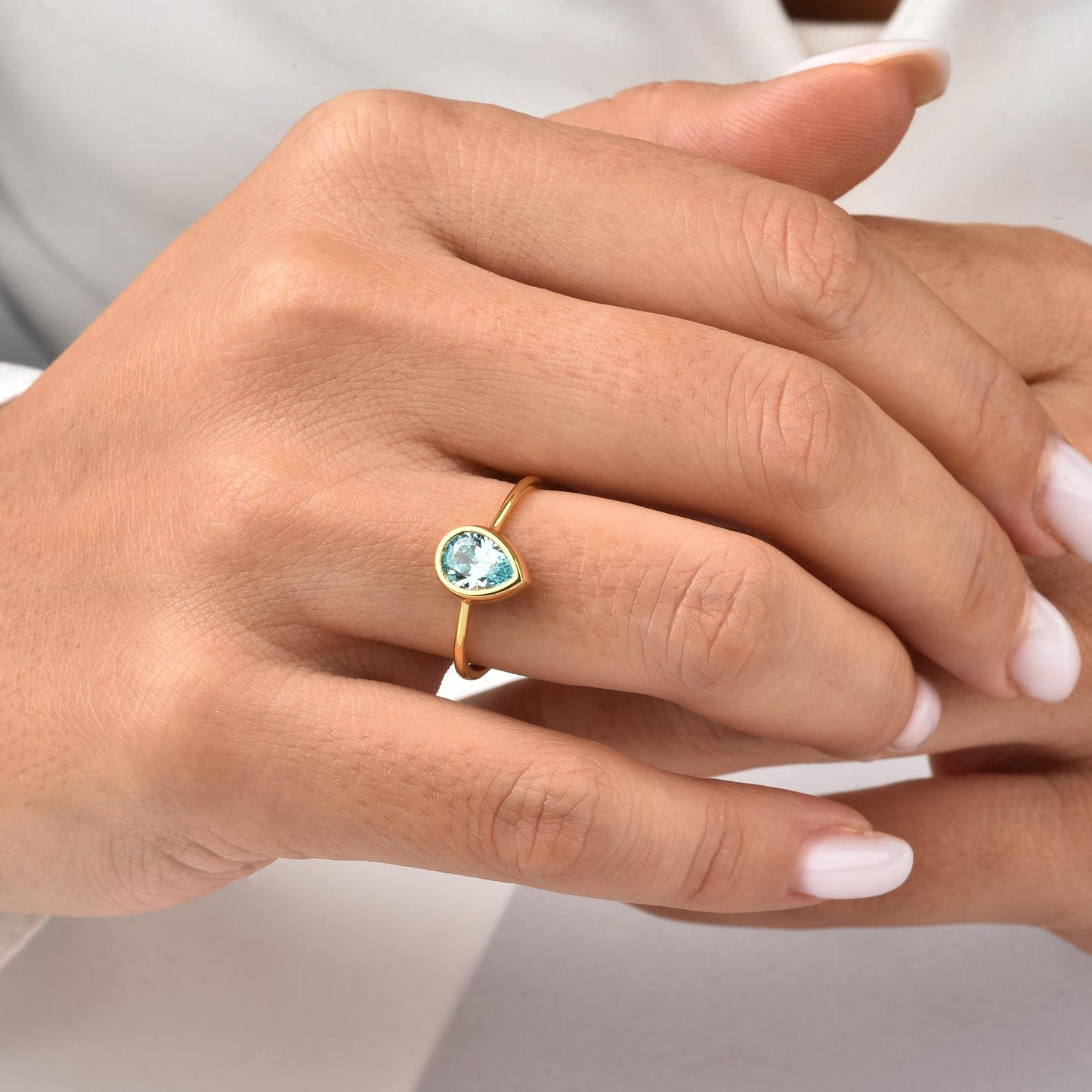 Aquamarine Drop Bezel Ring 8K/10K/14K Solid Gold, March Birthstone Jewelry