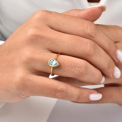 Aquamarine Drop Bezel Ring 8K/10K/14K Solid Gold, March Birthstone Jewelry