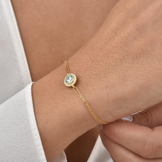 Aquamarine Round Bezel Bracelet in 8K/10K/14K Solid Gold with Real Diamonds, March Birthstone Jewelry