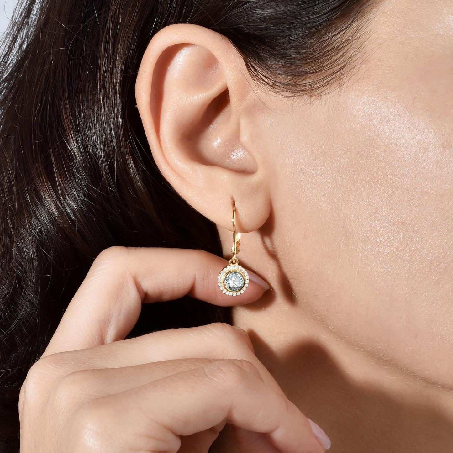 Aquamarine Round Bezel Dangle Earrings in 8K/10K/14K Solid Gold with Real Diamonds, March Birthstone Jewelry