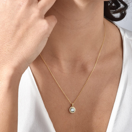 Aquamarine Round Bezel Necklace in 8K/10K/14K Solid Gold with Real Diamonds, March Birthstone Jewelry