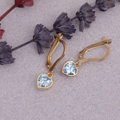 Aquamarine Heart Cut Bezel Dangle Earrings 14K Solid Gold, March Birthstone Jewelry