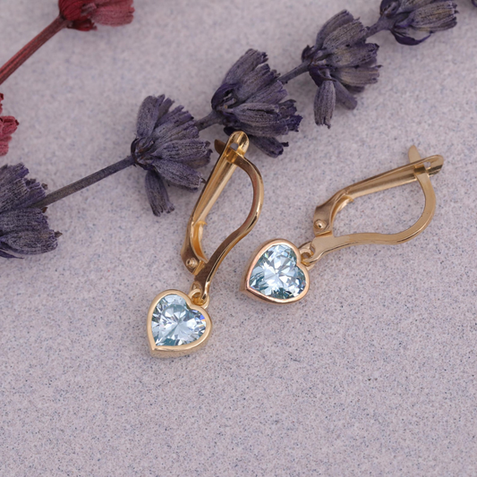 Aquamarine Heart Cut Bezel Dangle Earrings 14K Solid Gold, March Birthstone Jewelry