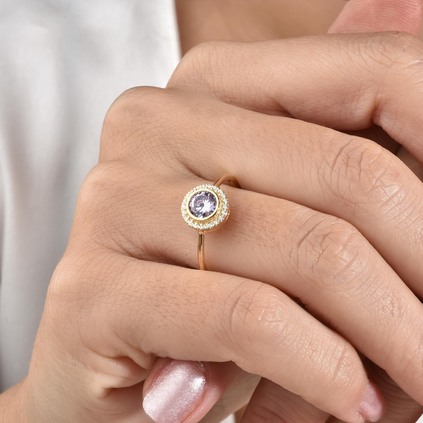 Alexandrite Round Bezel Ring in 8K/10K/14K Solid Gold with Real Diamonds, June Birthstone Jewelry