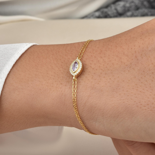 Alexandrite Bezel Marquise Bracelet with Real Diamonds in 8K/10K/14K Solid Gold | June Birthstone Jewelry
