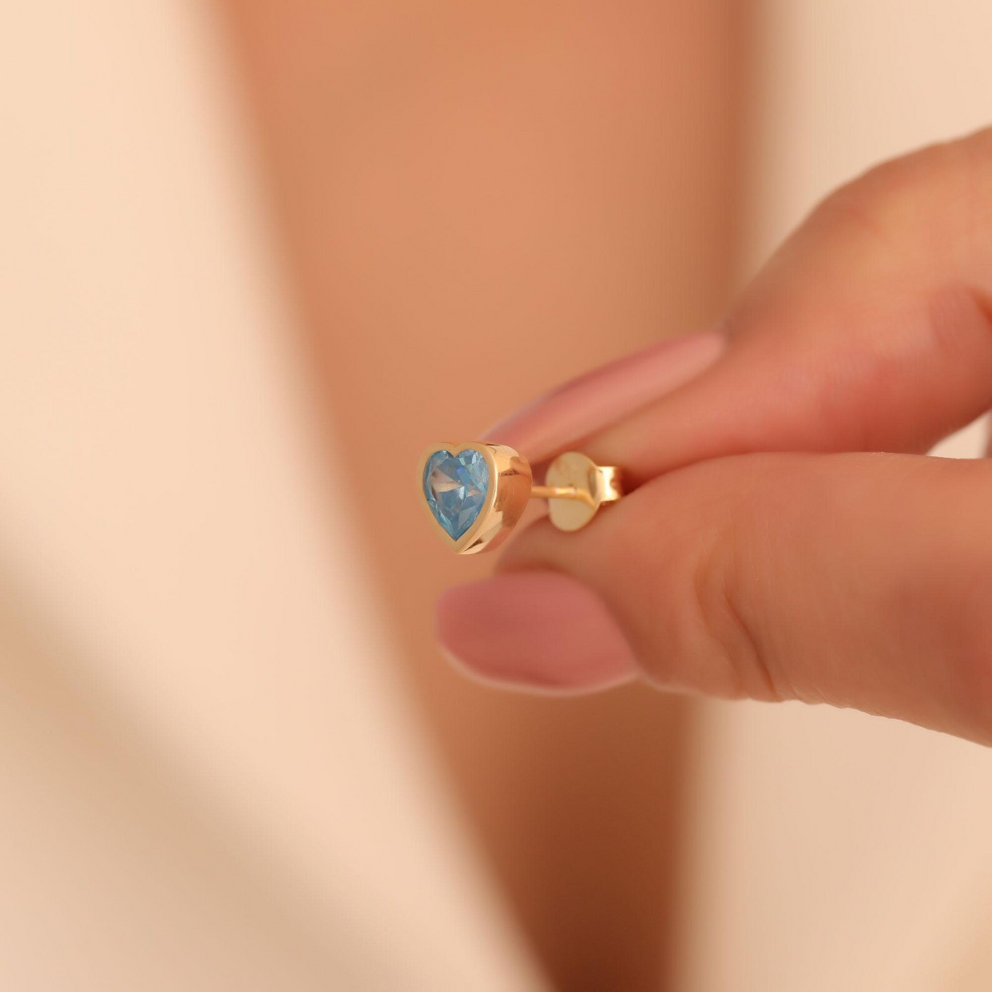 Blue Topaz Heart Bezel Cut Stud Earrings 10K/14K Solid Gold, December Birthstone Jewelry