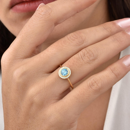 Blue Topaz Round Bezel Ring in 8K/10K/14K Solid Gold with Real Diamonds, December Birthstone Jewelry