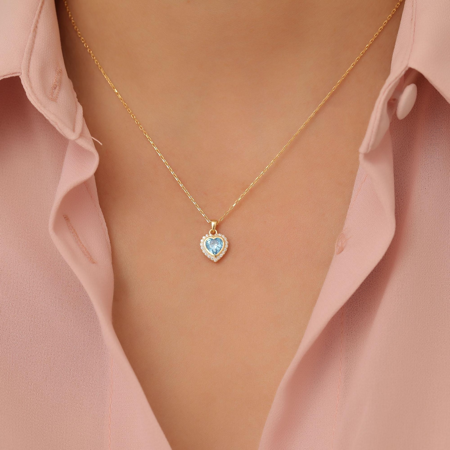 Blue Topaz Bezel Heart Necklace with Real Diamonds in 8K/10K/14K Solid Gold | December Birthstone Jewelry