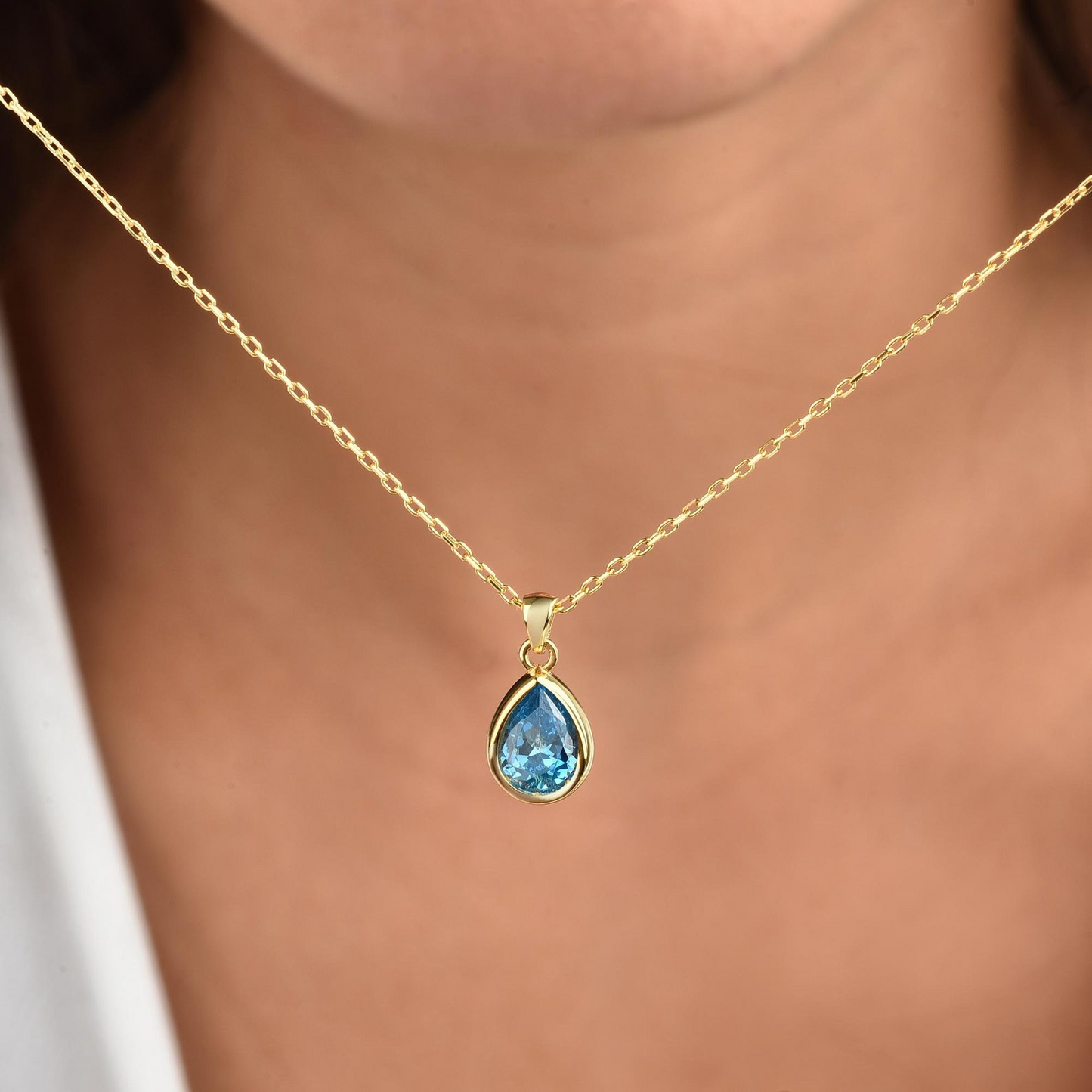 Blue Topaz Bezel Drop Necklace 10/14K Solid Gold, December Birthstone Jewelry