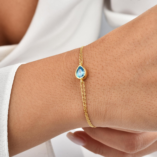 Blue Topaz Drop Bezel Bracelet in 10K/14K Solid Gold, December Birthstone Jewelry