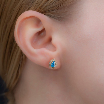 Blue Topaz Bezel Drop Stud Earrings with Real Diamonds in 8K/10K/14K Solid Gold | December Birthstone Jewelry