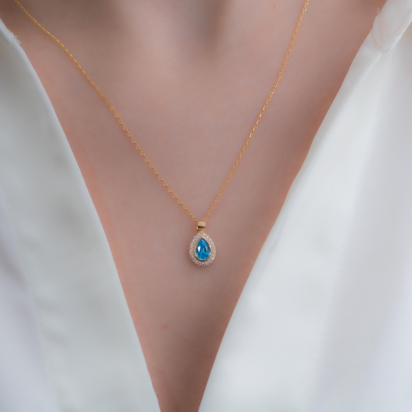 Blue Topaz Bezel Drop Necklace with Real Diamonds in 8K/10K/14K Solid Gold | November  Birthstone Jewelry