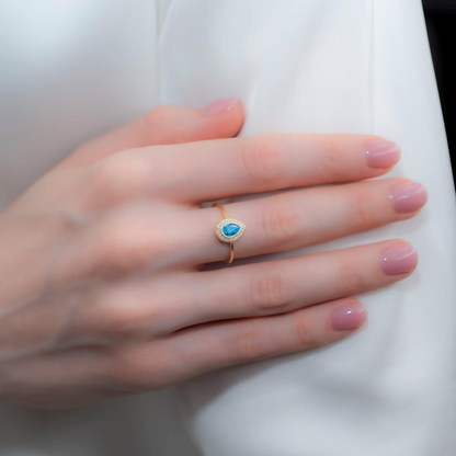 Blue Topaz Bezel Drop Ring with Real Diamonds in 8K/10K/14K Solid Gold | December Birthstone Jewelry