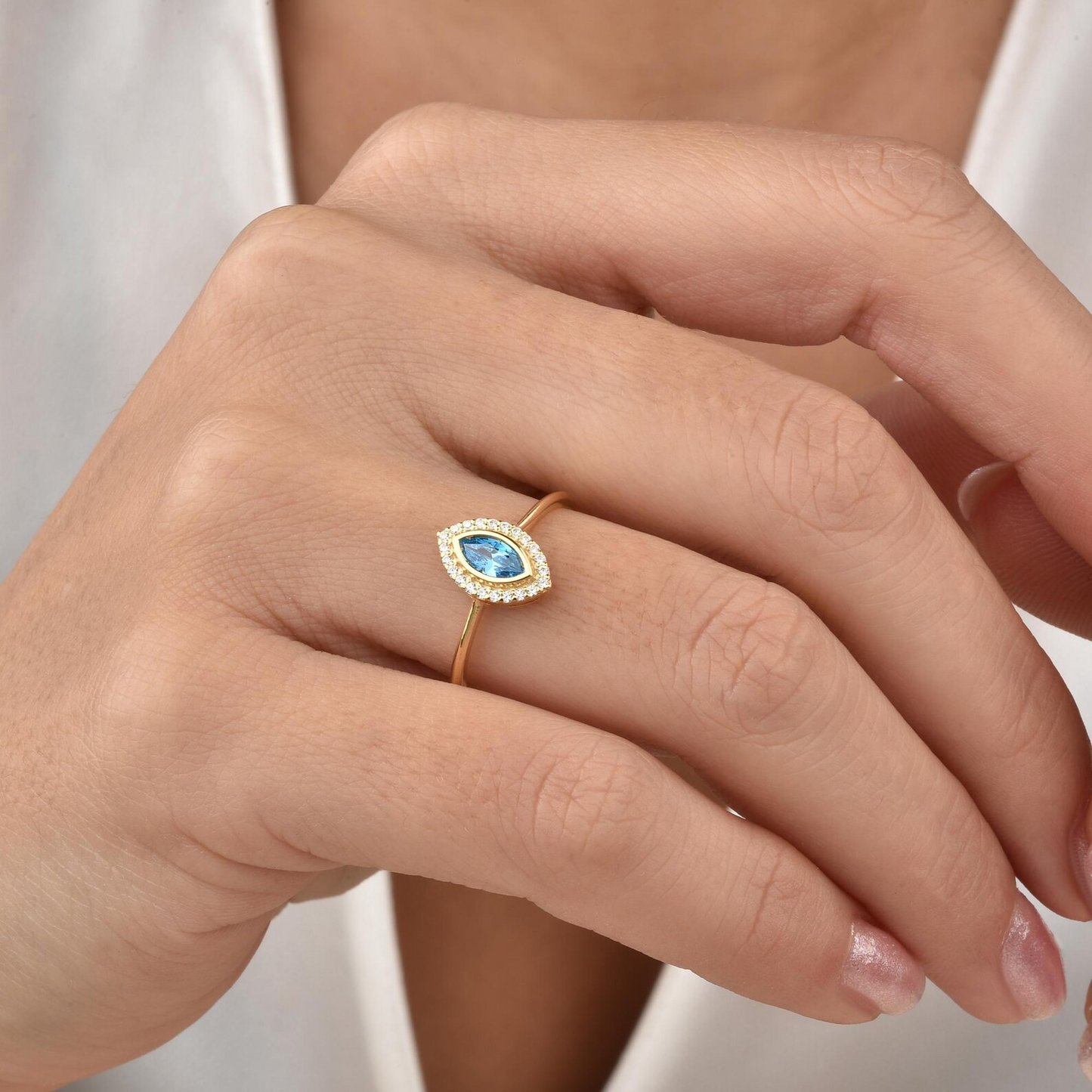 Blue Topaz Bezel Marquise Ring with Real Diamonds in 8K/10K/14K Solid Gold | December Birthstone Jewelry