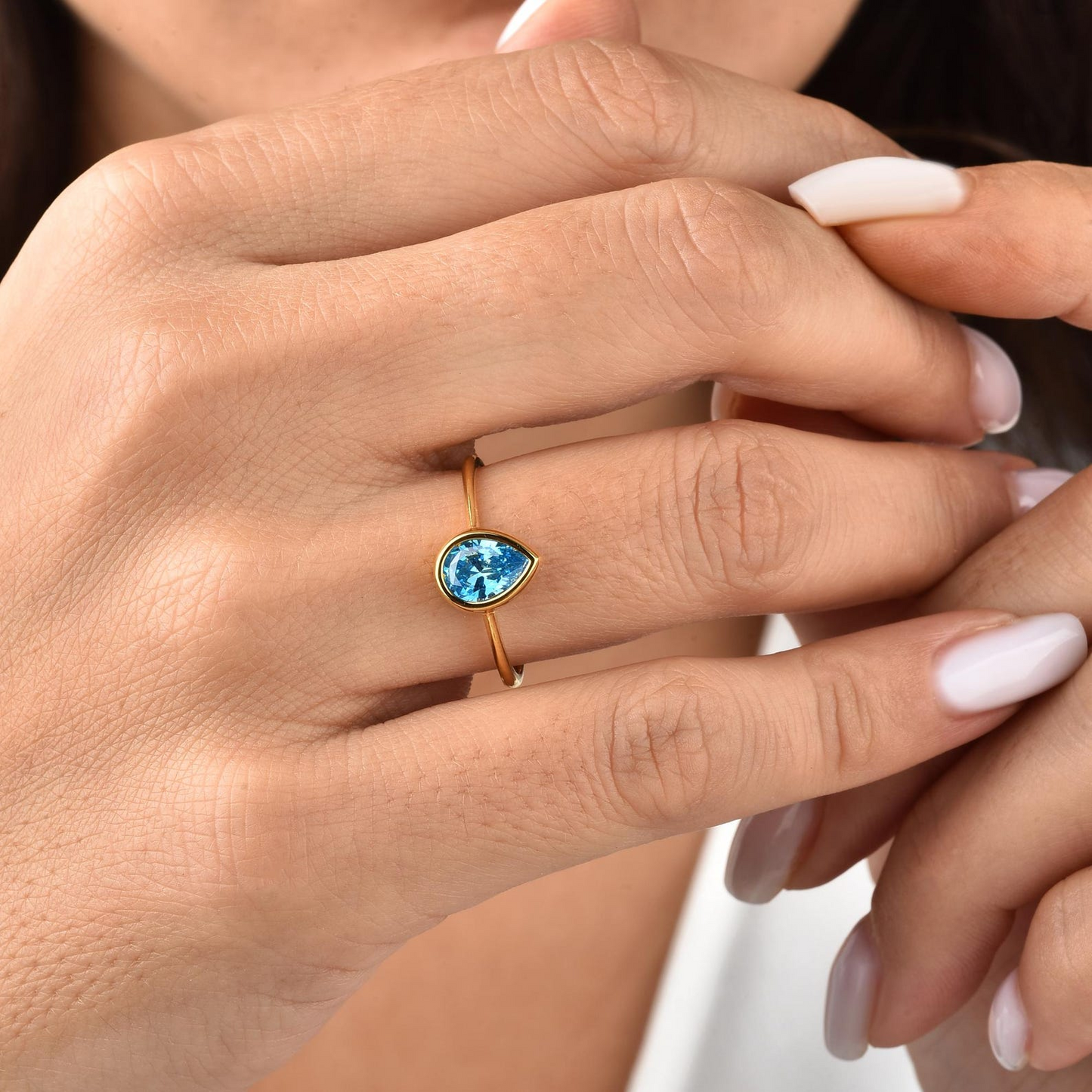Blue Topaz Drop Bezel Ring 8K/10K/14K Solid Gold, December Birthstone Jewelry