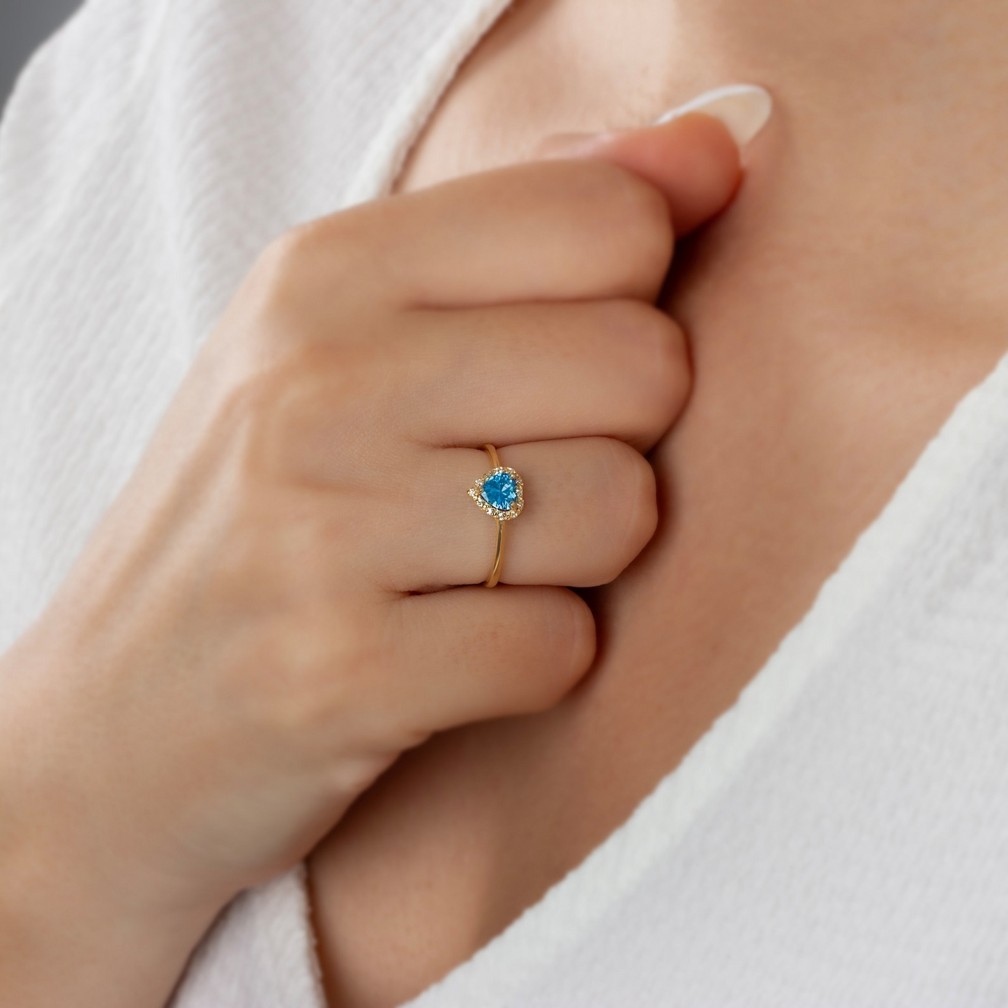 Blue Topaz Bezel Heart Ring with Real Diamonds Halo in 8K/10K/14K Solid Gold | December Birthstone Jewelry