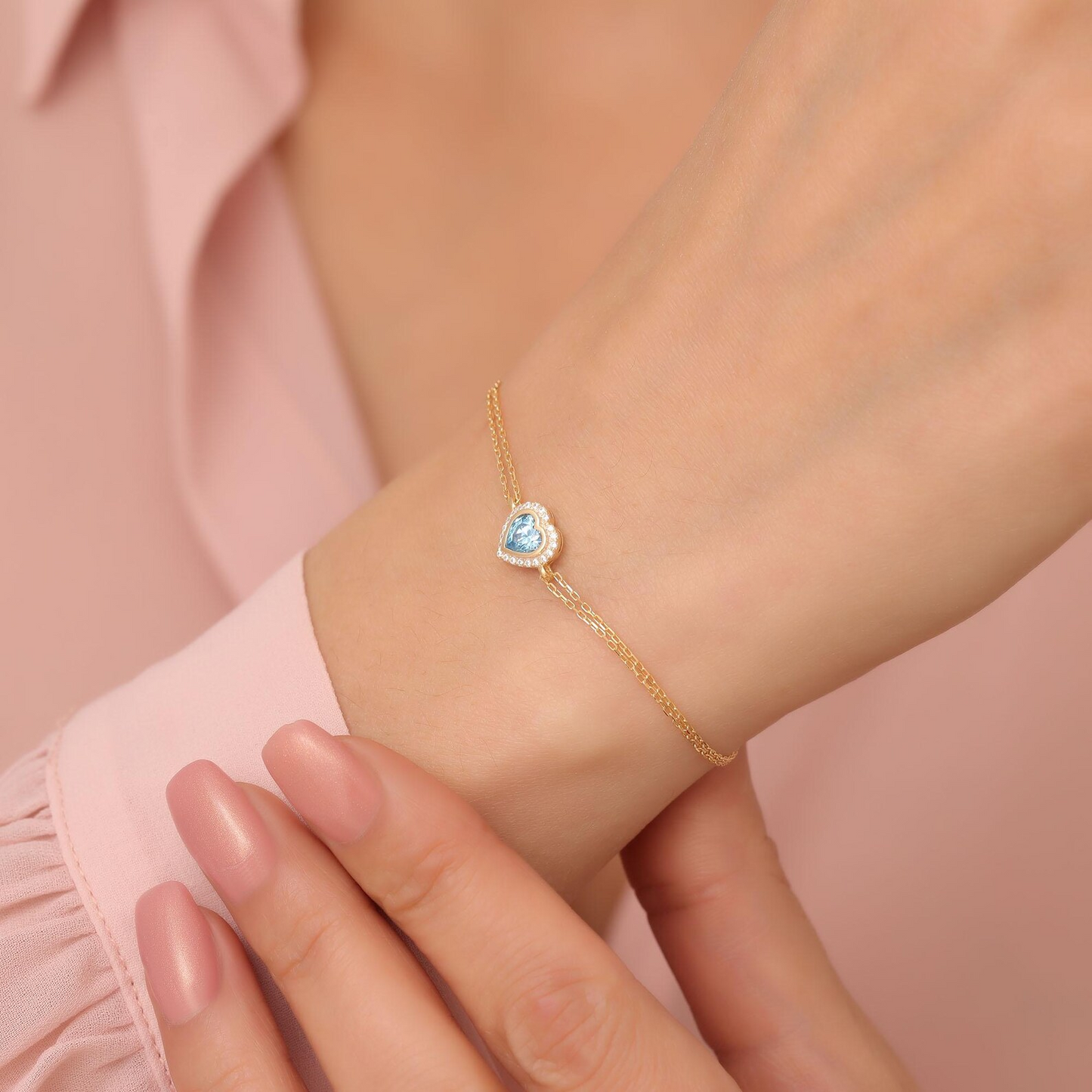 Blue Topaz Bezel Heart Bracelet with Real Diamonds in 8K/10K/14K Solid Gold | December Birthstone Jewelry