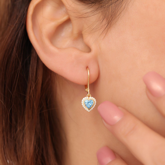 Blue Topaz Bezel Heart Dangle Earrings with Real Diamonds in 8K/10K/14K Solid Gold | December Birthstone Jewelry