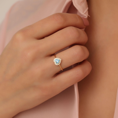 Blue Topaz Bezel Heart Ring with Real Diamonds in 8K/10K/14K Solid Gold | December Birthstone Jewelry