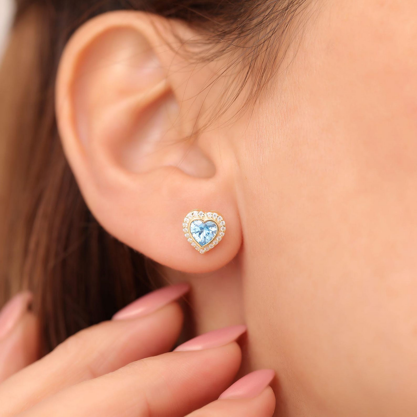 Blue Topaz Bezel Heart Stud Earrings with Real Diamonds in 10K/14K Solid Gold | December Birthstone Jewelry
