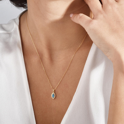 Blue Topaz Bezel Marquise Necklace with Real Diamonds in 8K/10K/14K Solid Gold | December Birthstone Jewelry