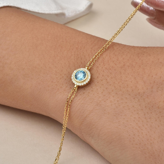 Blue Topaz Round Bezel Bracelet in 8K/10K/14K Solid Gold with Real Diamonds, March Birthstone Jewelry