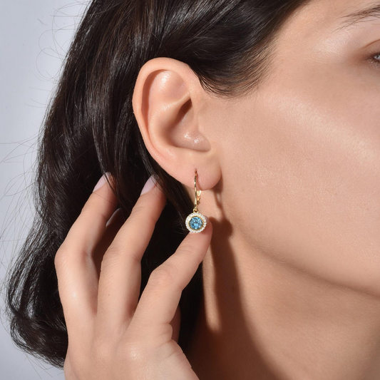 Blue Topaz Round Bezel Dangle Earrings in 8K/10K/14K Solid Gold with Real Diamonds, December Birthstone Jewelry