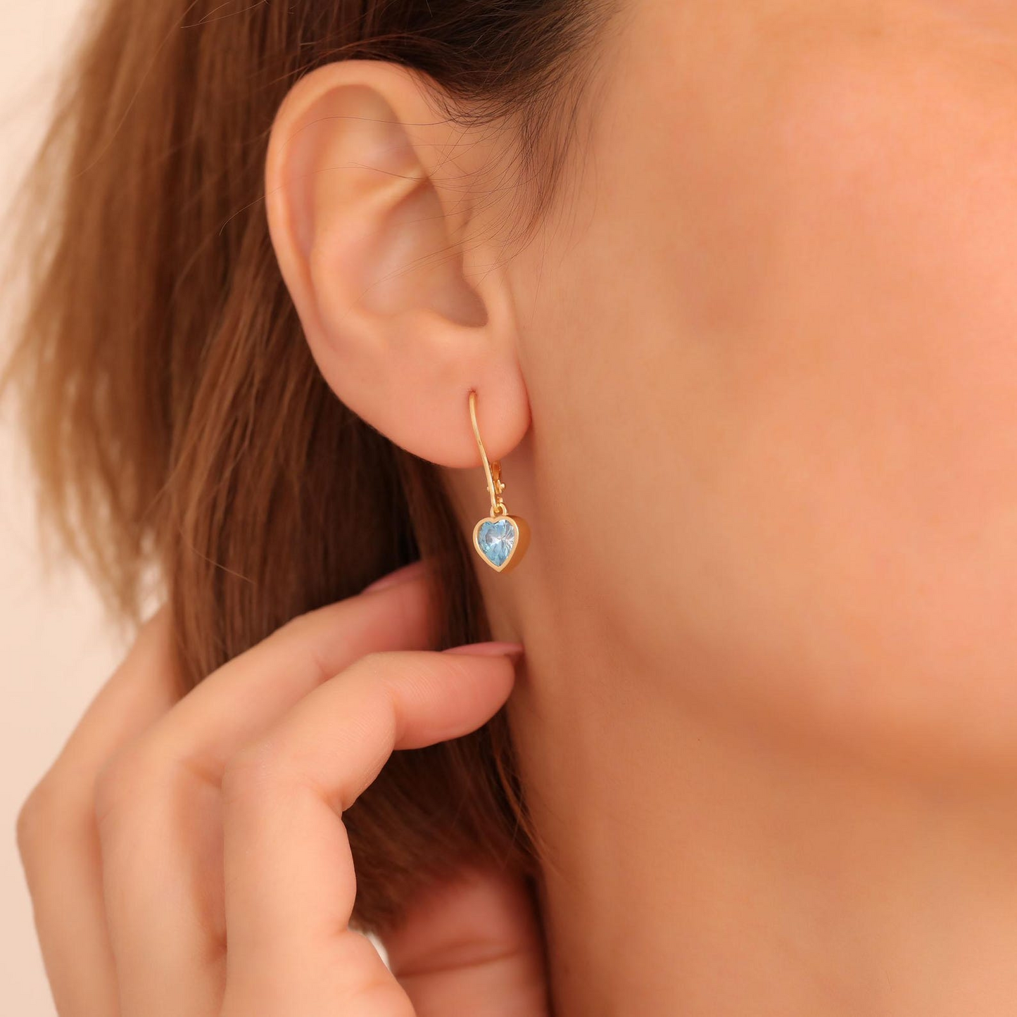 Blue Topaz Heart Cut Bezel Dangle Earrings 14K Solid Gold, December Birthstone Jewelry
