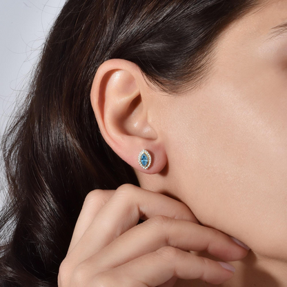 Blue Topaz Bezel Marquise Stud Earrings with Real Diamonds in 8K/10K/14K Solid Gold | December Birthstone Jewelry