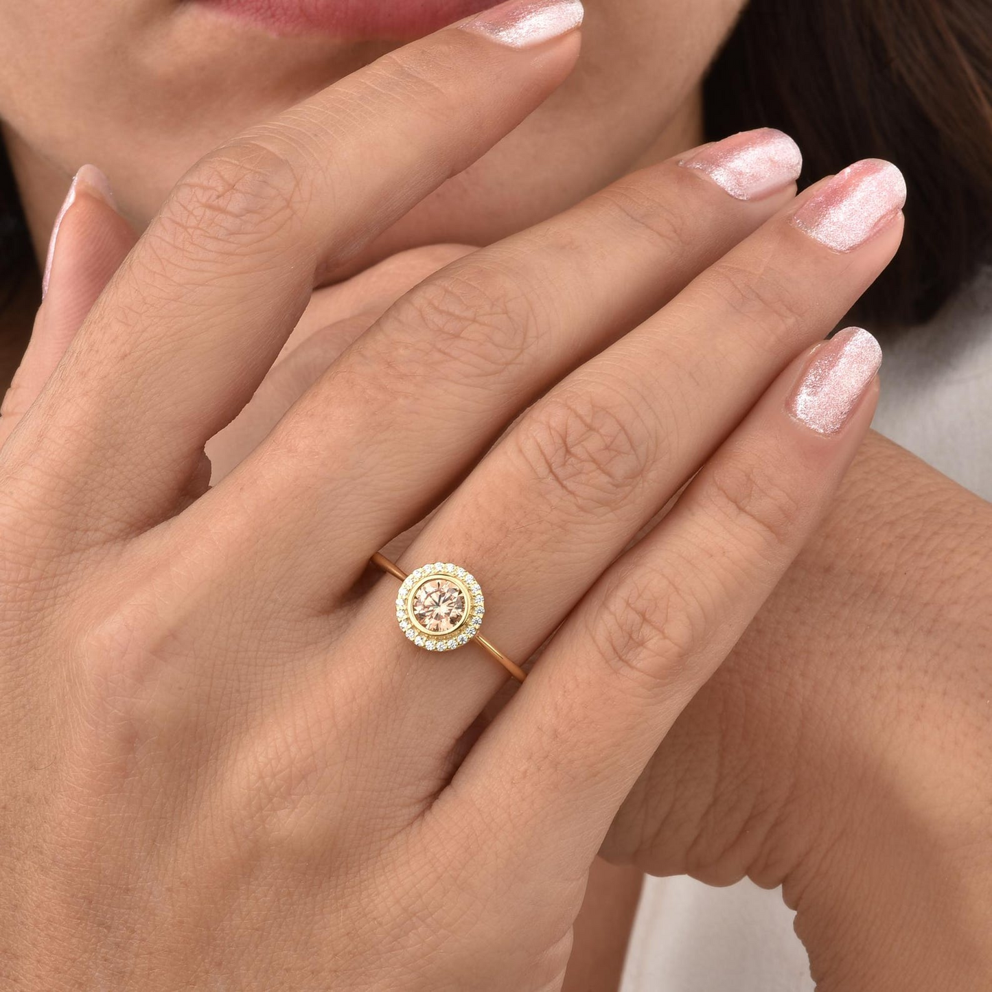 Citrine Round Bezel Ring in 8K/10K/14K Solid Gold with Real Diamonds, November Birthstone Jewelry