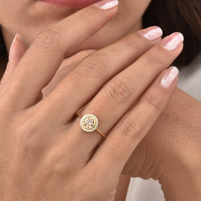 Citrine Round Bezel Ring in 8K/10K/14K Solid Gold with Real Diamonds, November Birthstone Jewelry