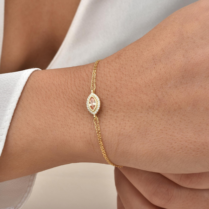 White Topaz Bezel Marquise Bracelet with Real Diamonds in 8K/10K/14K Solid Gold | April Birthstone Jewelry