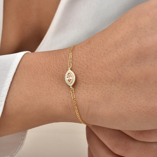 White Topaz Bezel Marquise Bracelet with Real Diamonds in 8K/10K/14K Solid Gold | April Birthstone Jewelry