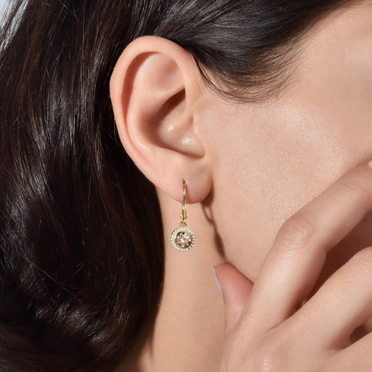 Citrine Round Bezel Dangle Earrings in 8K/10K/14K Solid Gold with Real Diamonds, November Birthstone Jewelry