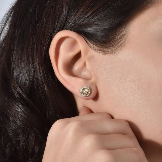 Citrine Round Bezel Stud Earrings in 8K/10K/14K Solid Gold with Real Diamonds, November Birthstone Jewelry