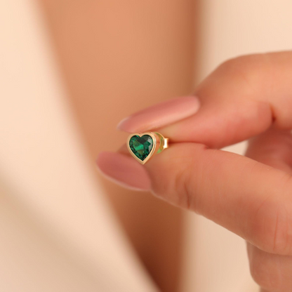 Emerald Heart Bezel Cut Stud Earrings 10K/14K Solid Gold, May Birthstone Jewelry