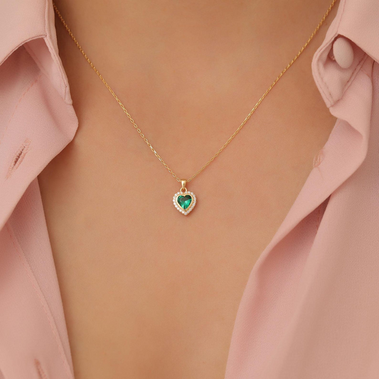 Emerald Bezel Heart Necklace with Real Diamonds in 8K/10K/14K Solid Gold | May Birthstone Jewelry