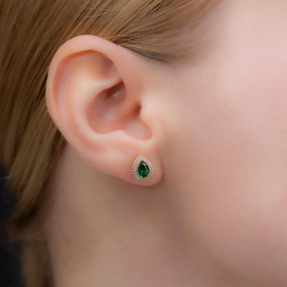 Emerald Bezel Drop Stud Earrings with Real Diamonds in 8K/10K/14K Solid Gold | May Birthstone Jewelry