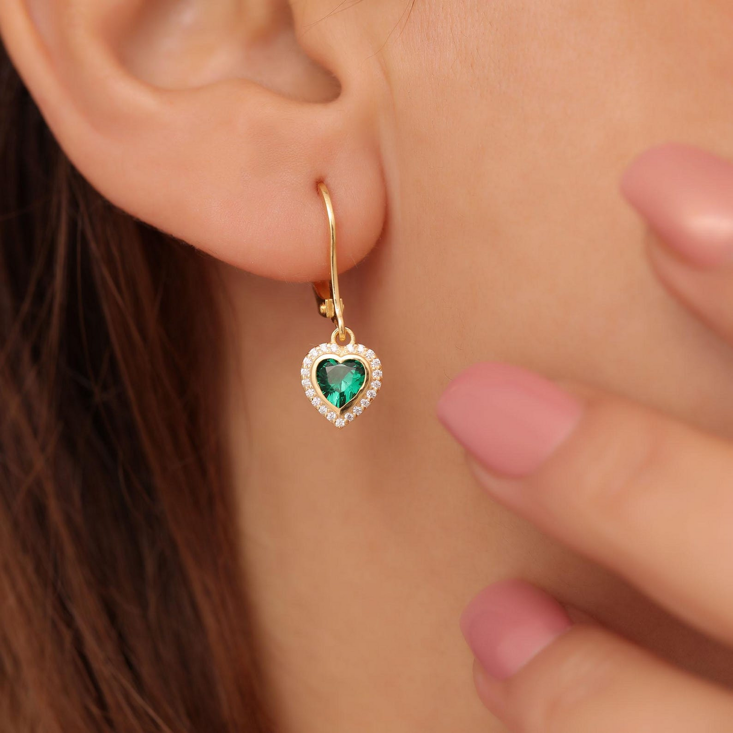Emerald Bezel Heart Dangle Earrings with Real Diamonds in 8K/10K/14K Solid Gold | May Birthstone Jewelry