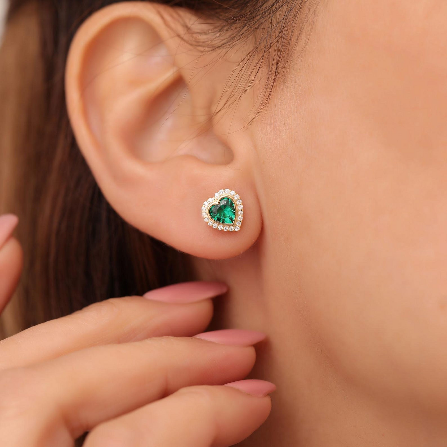 Emerald Bezel Heart Stud Earrings with Real Diamonds in 10K/14K Solid Gold | May Birthstone Jewelry