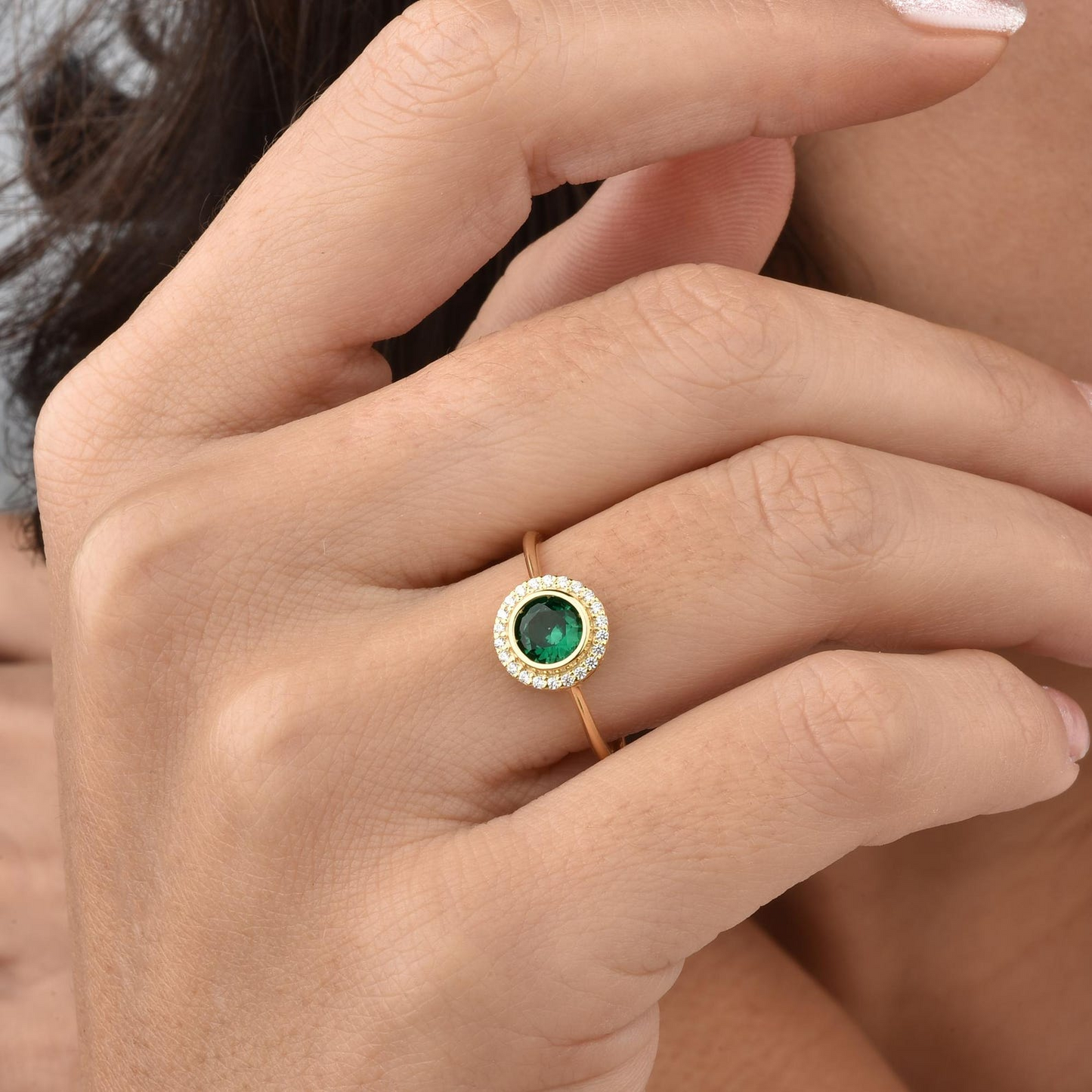 Emerald Round Bezel Ring in 8K/10K/14K Solid Gold with Real Diamonds, May Birthstone Jewelry