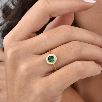 Emerald Round Bezel Ring in 8K/10K/14K Solid Gold with Real Diamonds, May Birthstone Jewelry