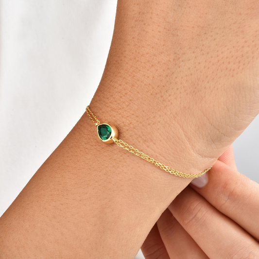 Emerald Drop Bezel Bracelet in 10K/14K Solid Gold, May Birthstone Jewelry