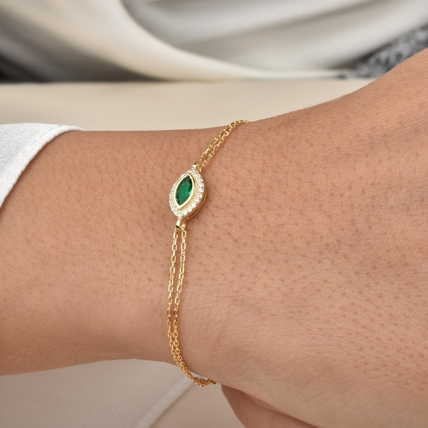 Emerald Bezel Marquise Bracelet with Real Diamonds in 8K/10K/14K Solid Gold | May Birthstone Jewelry