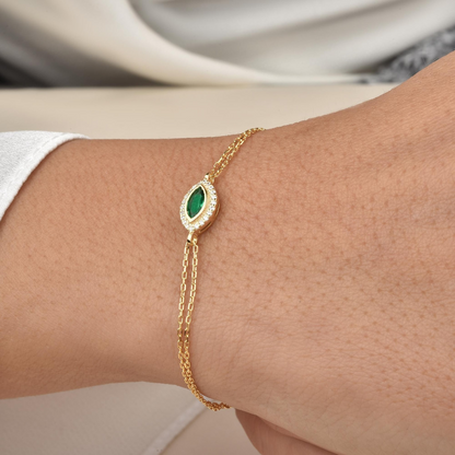 Emerald Bezel Marquise Bracelet with Real Diamonds in 8K/10K/14K Solid Gold | May Birthstone Jewelry