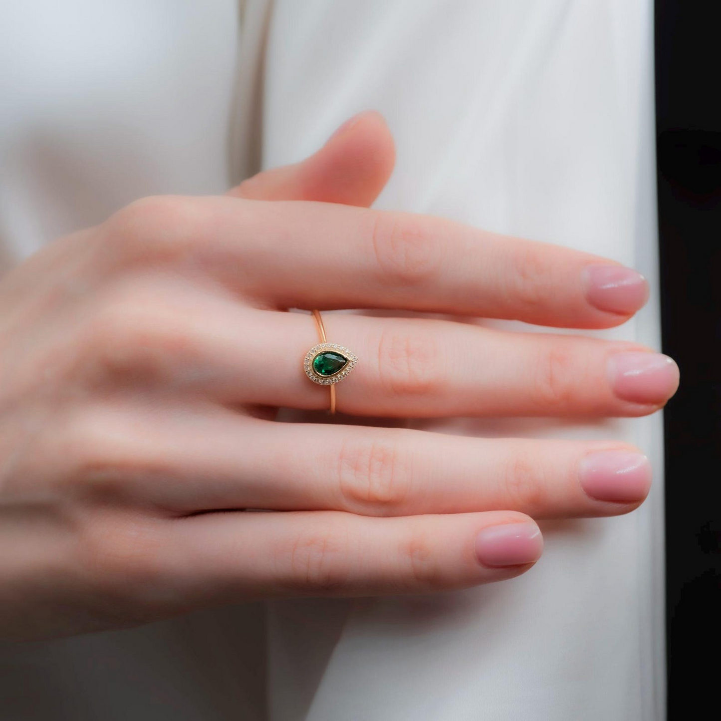 Emerald Bezel Drop Ring with Real Diamonds in 8K/10K/14K Solid Gold | May Birthstone Jewelry