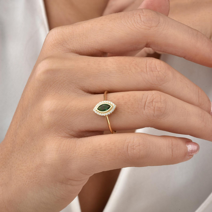 Emerald Bezel Marquise Ring with Real Diamonds in 8K/10K/14K Solid Gold | May Birthstone Jewelry