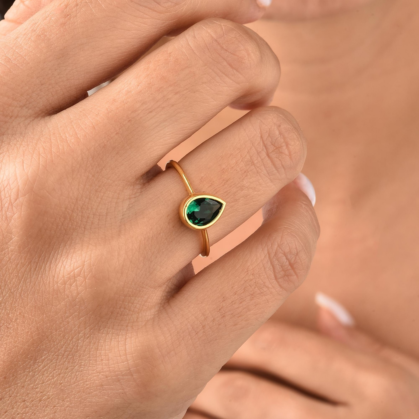 Emerald Drop Bezel Ring 8K/10K/14K Solid Gold, May Birthstone Jewelry
