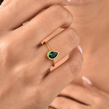 Emerald Drop Bezel Ring 8K/10K/14K Solid Gold, May Birthstone Jewelry