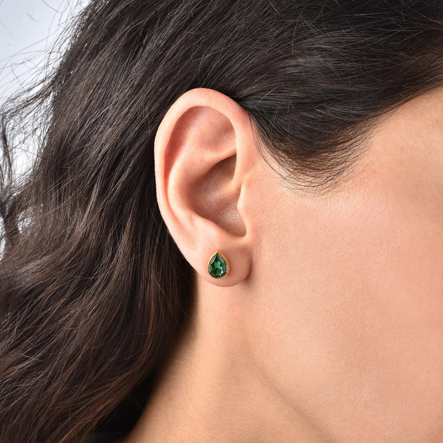 Emerald Drop Bezel Stud Earrings in 10K/14K Solid Gold, May Birthstone Jewelry